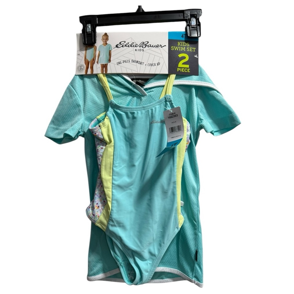 Eddie Bauer Kids Aqua and Yellow Swim Set, Size 4. One-piece and cover up